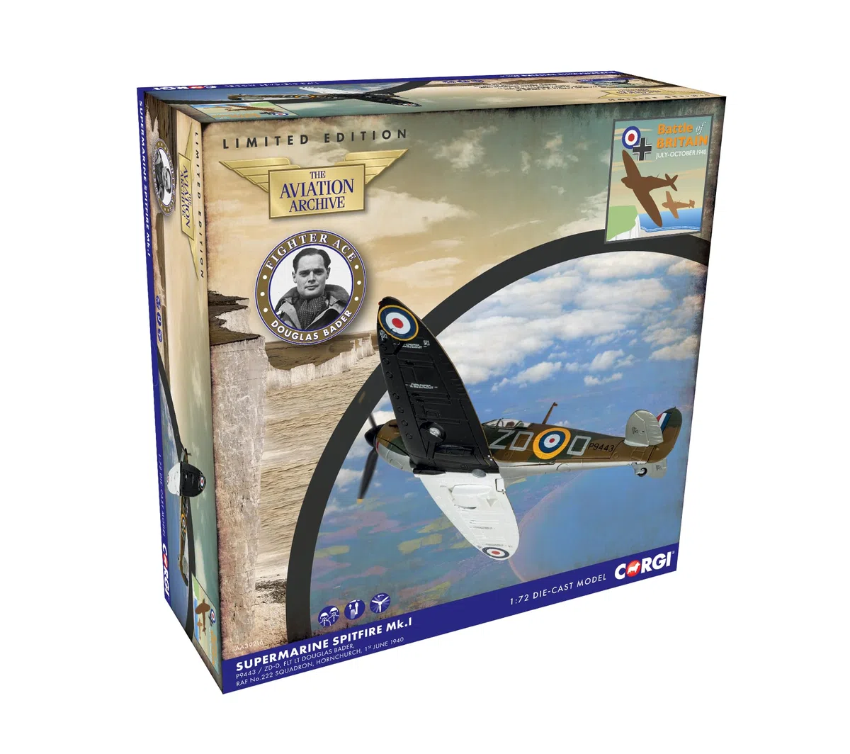 Corgi Supermarine Spitfire MkI - Teniente de Vuelo Douglas Bader - Batalla de Inglaterra 85, Modelo de fundición para Adultos