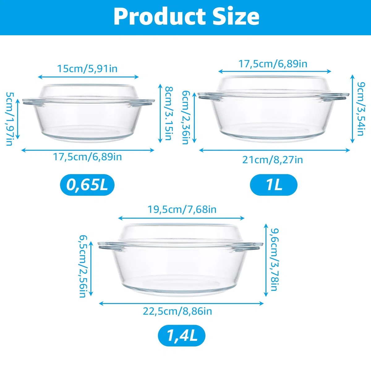 YAYODS 3 fuentes de cristal con tapa, 650/1000/1400 ml, redondas, para microondas con tapa redonda, apta para horno, con asas para ensalada de frutas, carne, microondas, horno