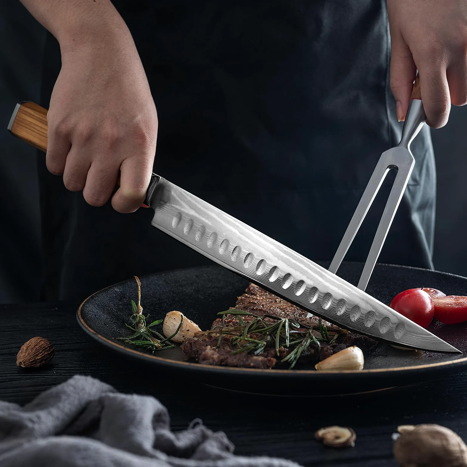 Set de Cuchillos Para Trinchar 2 Piezas, Cuchillo Rebanador de 22,5cm y Tenedor, Cuchillo para Carne de Acero Damasco de 67 Capas, Núcleo de Corte VG10 con Mango de Madera de Olivo