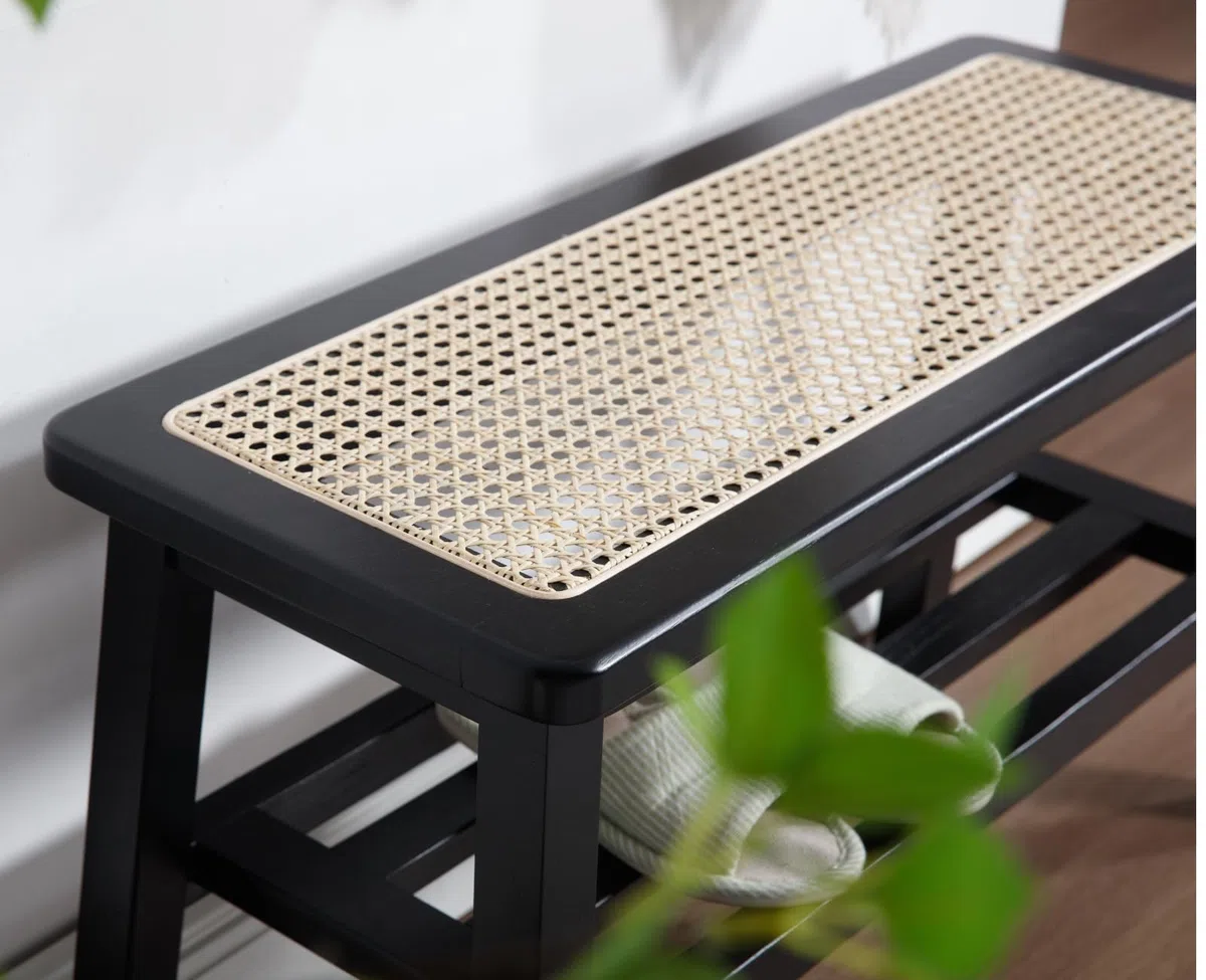 Ya-Home Banco de Cocina de Rattan, Banco Zapatero, Banco Madera Recibidor para Salon/Oficina,Negro
