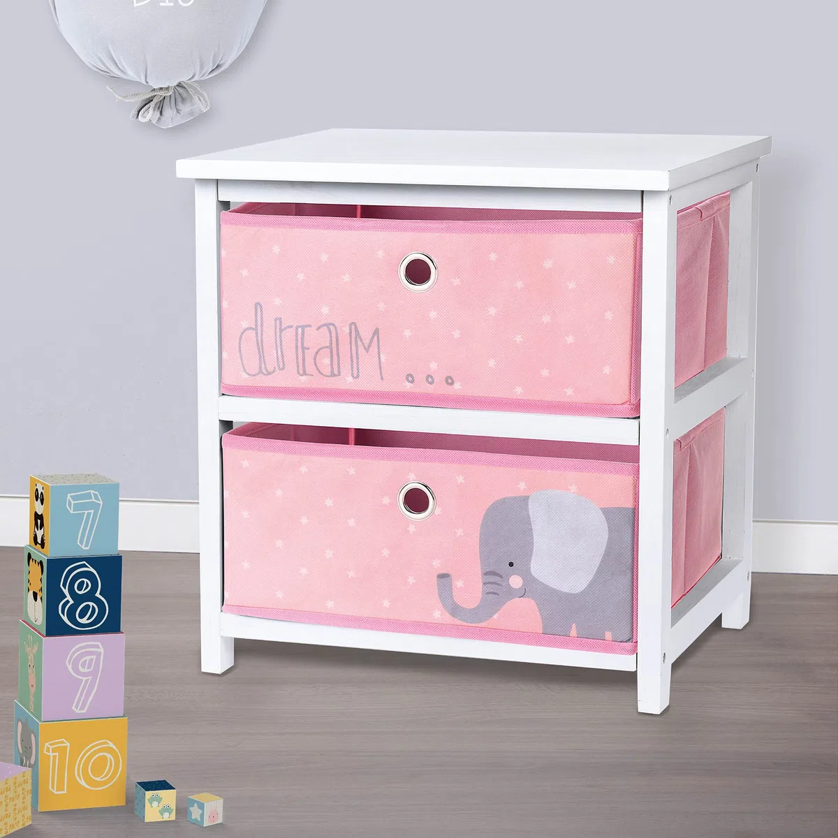 Mesita de noche de madera MDF con 2 cajones para niños, niñas y niños, mueble de dormitorio (elefante rosa)