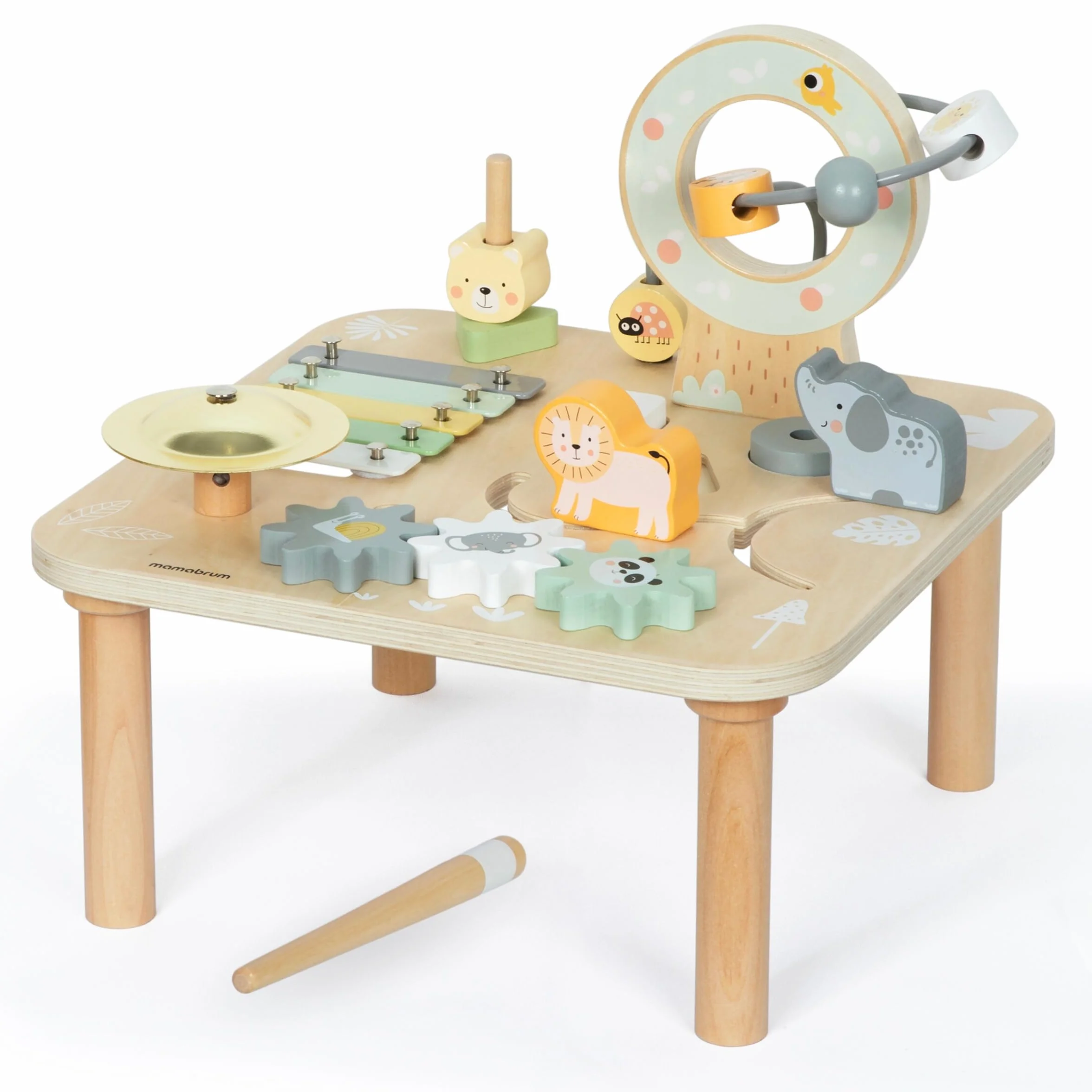 mamabrum Mesita educativa de Madera para niños – Juguete Musical 7 en 1 con murciélagos y Gong, Ruta motora, Rompecabezas sensorial de temática de la Selva