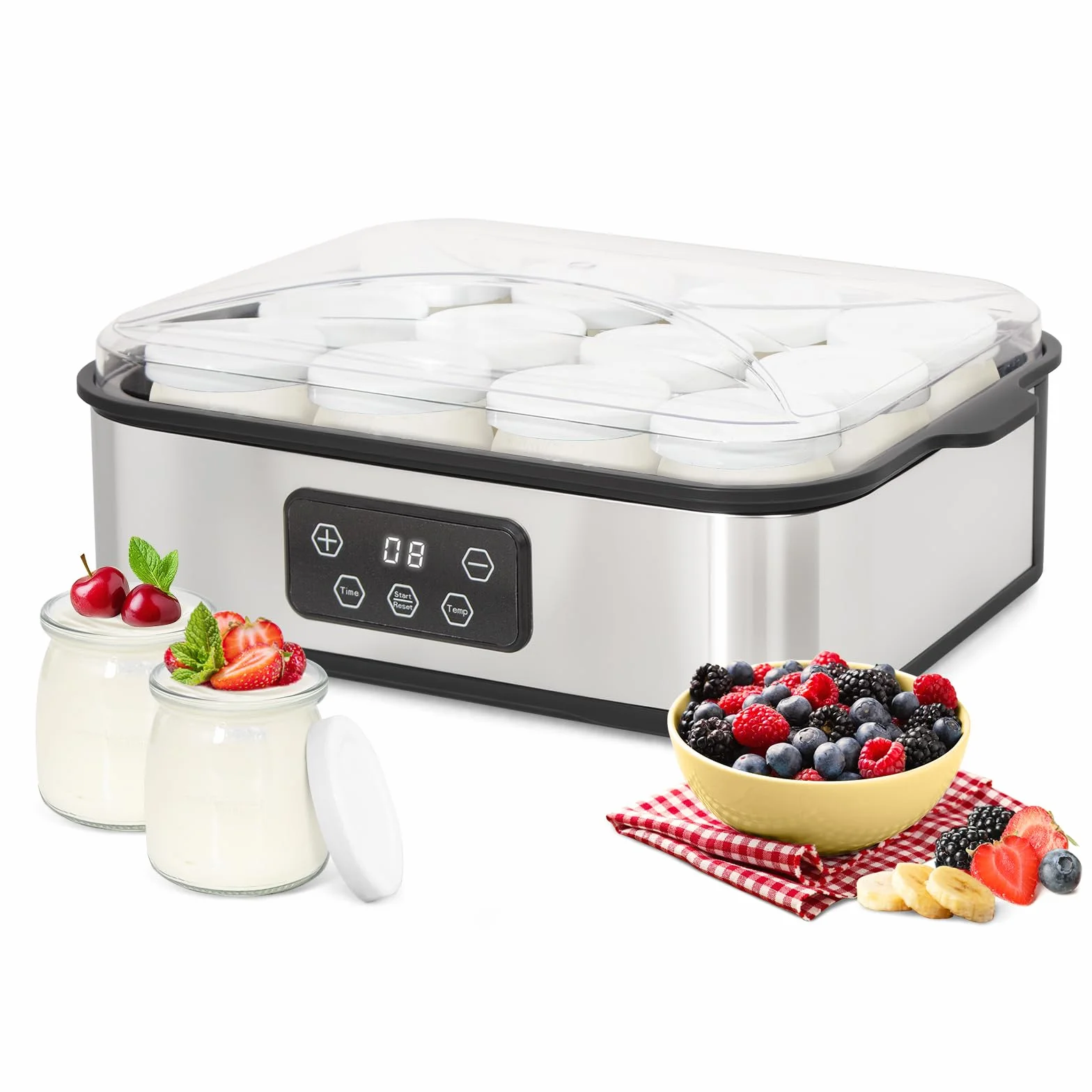 Todeco Yogurtera Eléctrica con 12 Tarros de 180 ml con Tapa, Acero Inoxidable, Temperatura Ajustable, Temporizador, Máquina de Yogur Casero, para Yogur Griego, Yogur Frutas