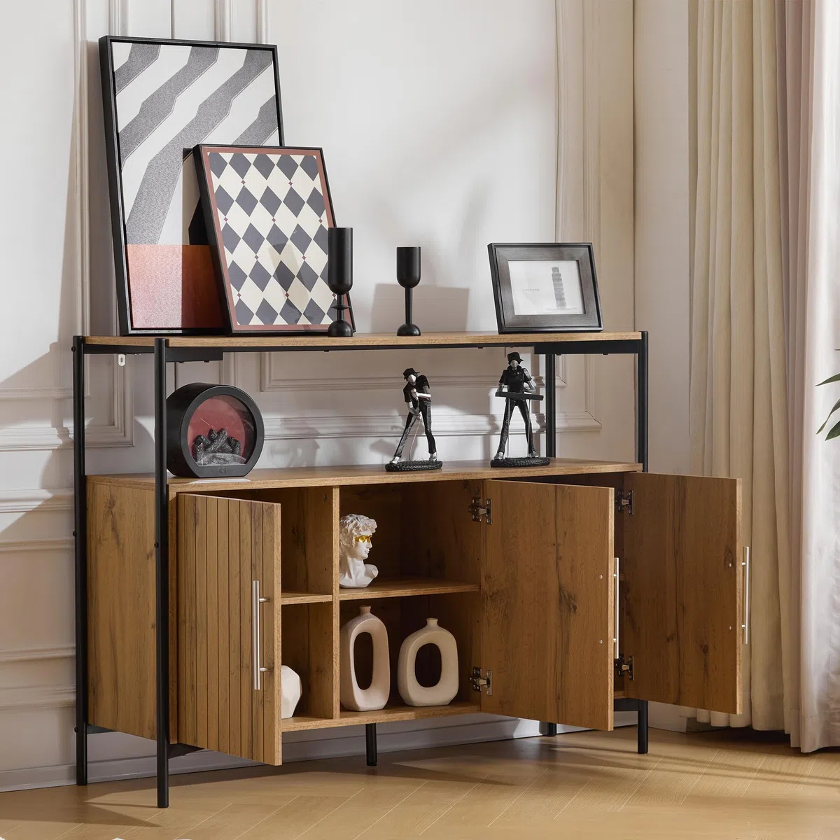 Aparador de 3 puertas con estantes ajustables, diseño industrial, aparador robusto para salón, comedor y pasillo, 90 x 120 x 35 cm