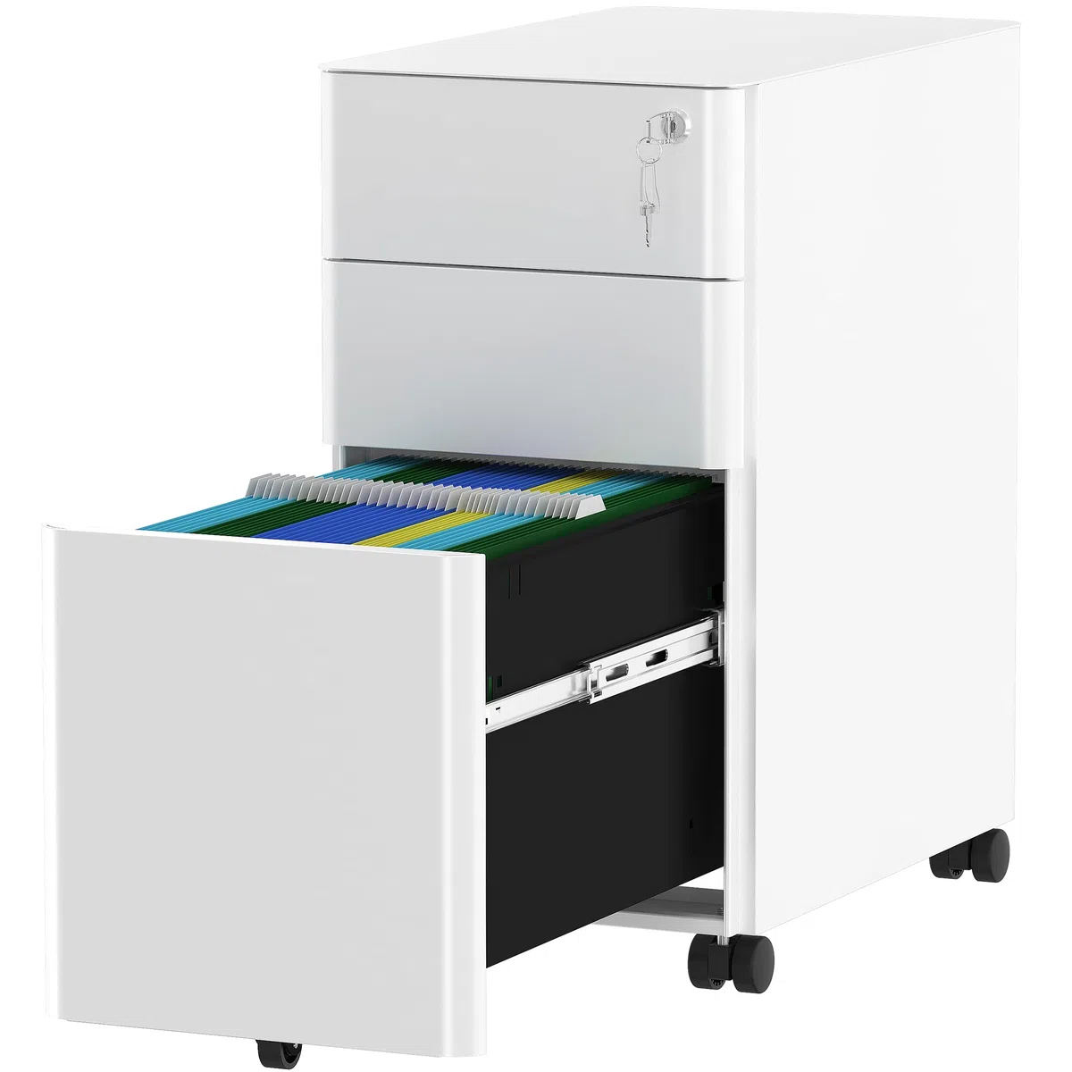 YITAHOME Cajonera de Oficina con 3 Cajones, Armario Archivador Metalico con Ruedas, Móvil Mueble Oficina Archivador con Cerradura y Llave para Carta/A4, Blanco, 46 x 30 x 59cm