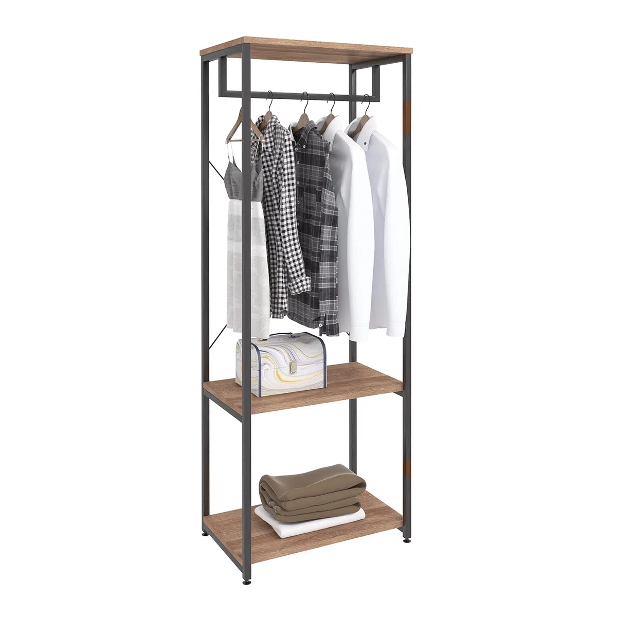 WOLTU Perchero de Pie con Estante Zapatero, Perchero Burro para Colgador Ropa, Metal y Madera, 60 x 40 x 167 cm
