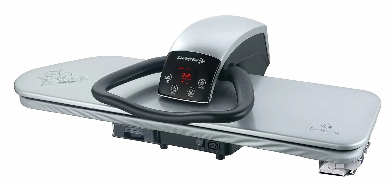 Speedypress Prensa de Planchado de Vapor 101HD Profesional 101cm con Soporte - Plata (+ Filtro de Agua Antical, Funda de Repuesto y Espuma Sintética)