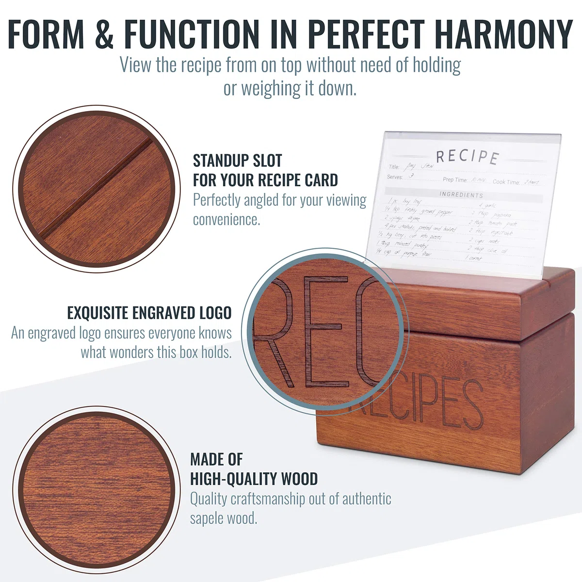 Apace Living Caja de recetas Sapele con tarjetas y divisores de Apace - Caja para tarjetas de madera de estilo vintage de 4 x 6 con soporte para recetas - Exclusivamente de la colección Premier