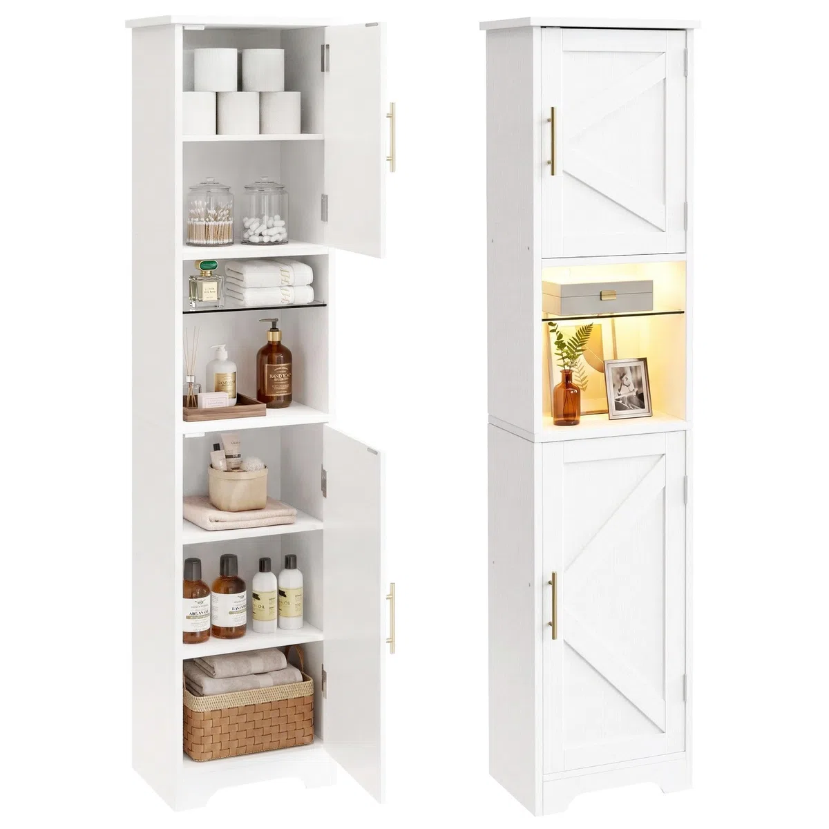 Armario Baño Estrecho con LED, 170x40x30 cm, Mueble Baño Madera, Estantería Nicho con Estantes Cristal Regulables, Armario Alto Multifuncional para Salón, Dormitorio y Baño