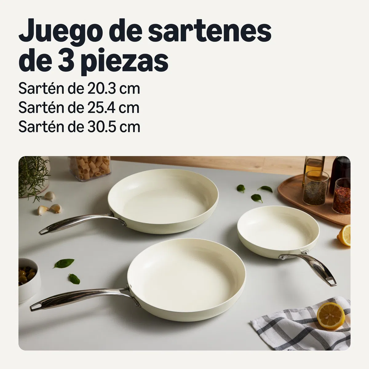 Amazon Basics Batería de Cocina Antiadherente de Cerámica, Juego de 3 Sartenes, Compatibles con Todo Tipo de Fuegos, Aptas para Lavavajillas, Marfil