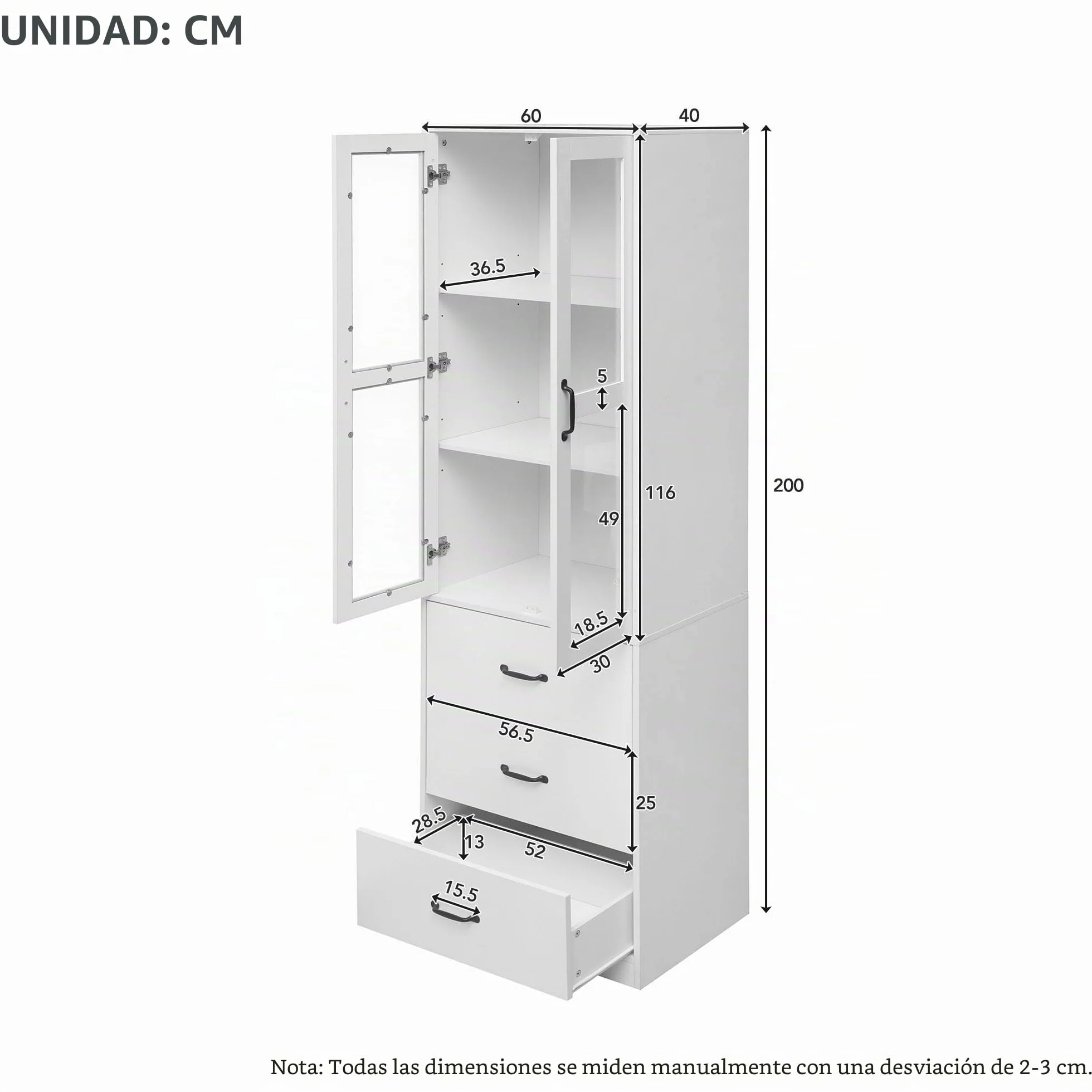 Vitrina blanca 200 cm, 3 cajones, 2 divisores móviles, 2 puertas de cristal, iluminación LED - adición elegante