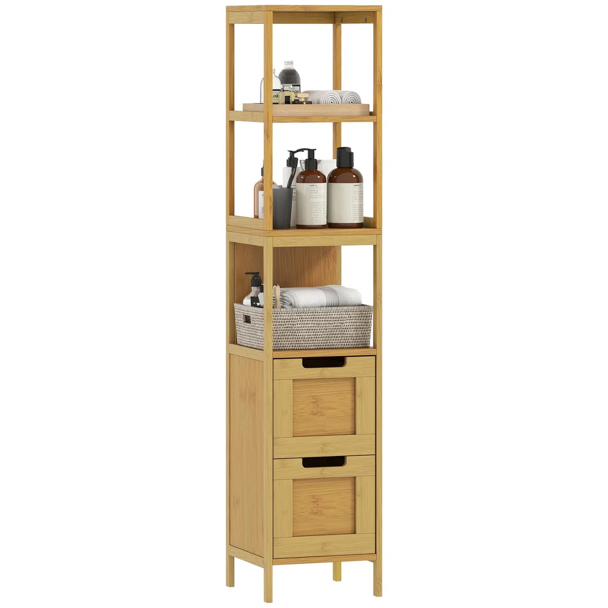 kleankin Armario de Baño Alto, Columna de Baño Estrecha con 3 Estantes y 2 Cajones de Bambú, Estilo Moderno, 30x30x144,3 cm, Natural