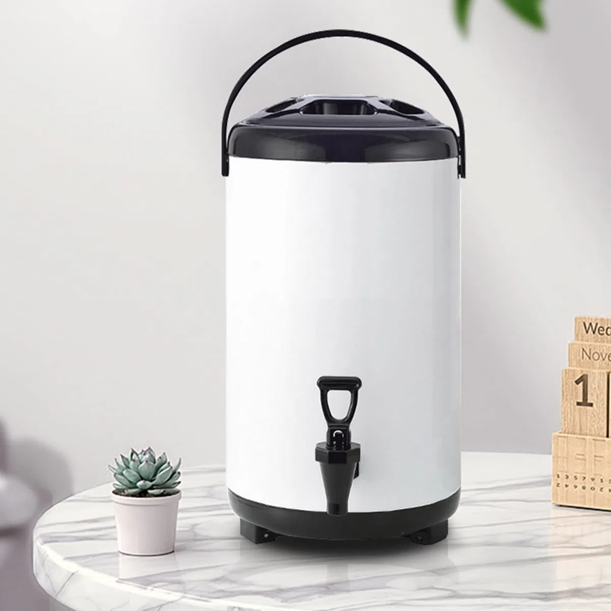 Dispensador de Bebidas Aislado, Jarra Térmica de Café Frío Y Caliente de 6 Litros, Dispensador de Bebidas de Acero Inoxidable con Grifo para Agua Caliente, Café Y Jugo/Blanco