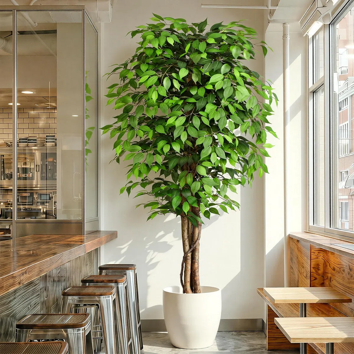 Planta Artificial Ficus 210cm Alta con Tres Varas de Madera Natural, Planta Artificial Grande con 1760 Hojas, Plantas Artificiales Interior Decorativas para Oficina Hogar DEC