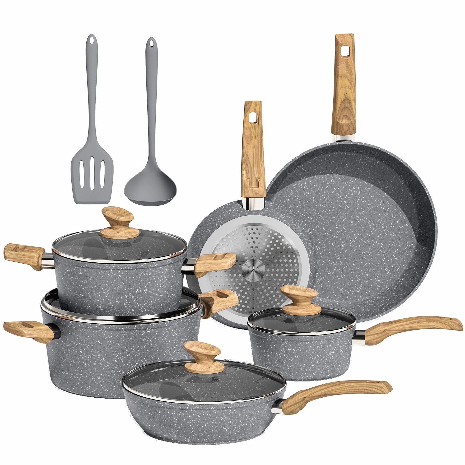 Kitchen Academy Juego de ollas y sartenes,12 piezas,revestimiento antiadherente,juego de utensilios de cocina con tapa, para inducción,cocinas de gas y microondas,color gris (KA-CS01-001)