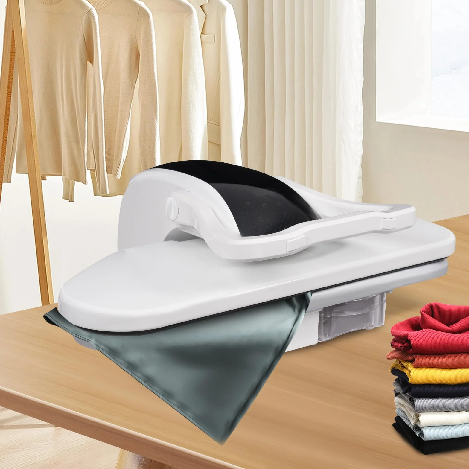 Prensa de vapor inteligente blanca – Prensa de vapor digital con varios ajustes de tela – para dormitorio, sala de estar, tienda de ropa – 68 x 53 x 26 cm