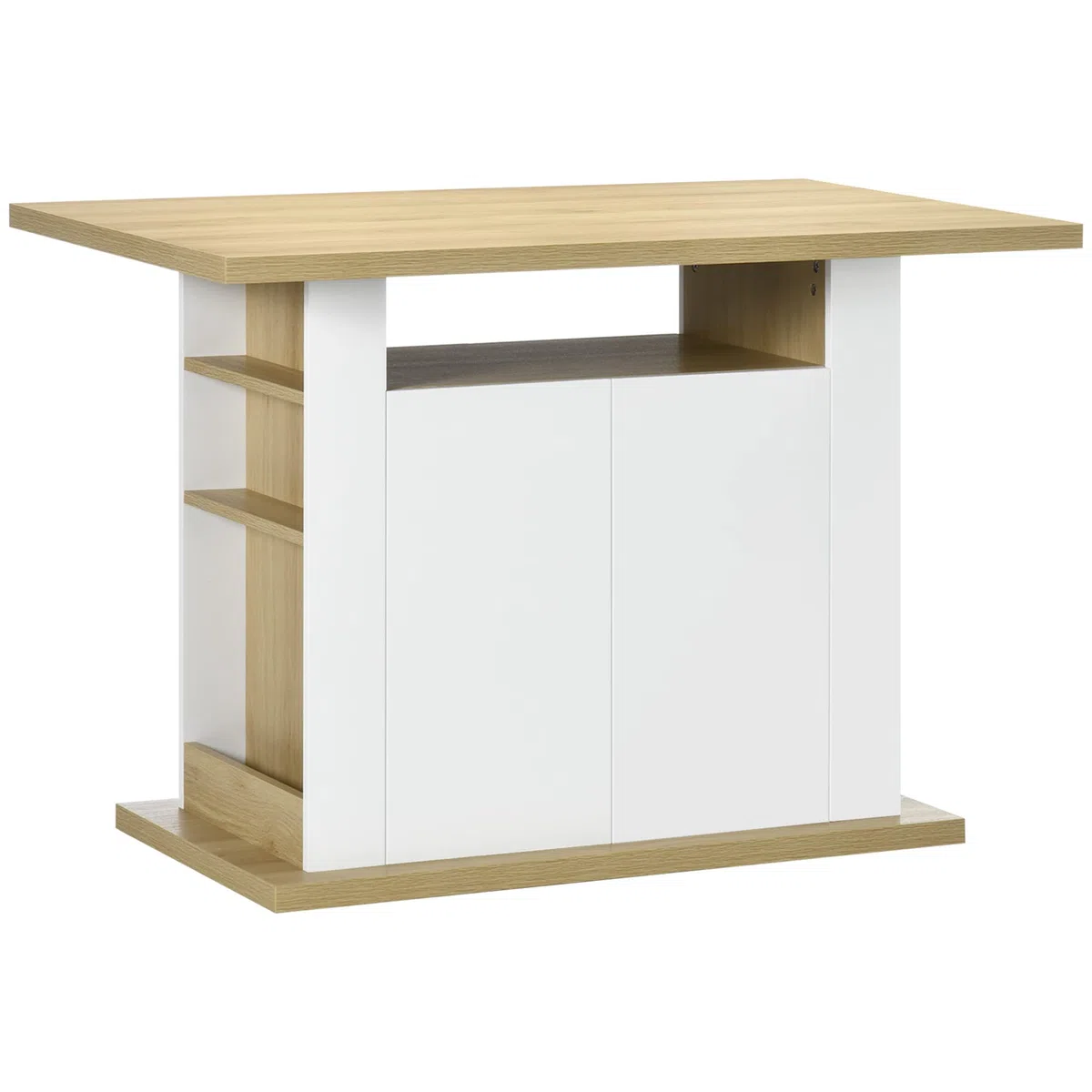 HOMCOM Isla de Cocina, para 4 Personas, Mueble de Cocina Multifuncional, Mesa de Comedor con 4 Puertas, Compartimentos Abiertos, Estante Ajustable, 110x70x75,5 cm, Roble y Blanco