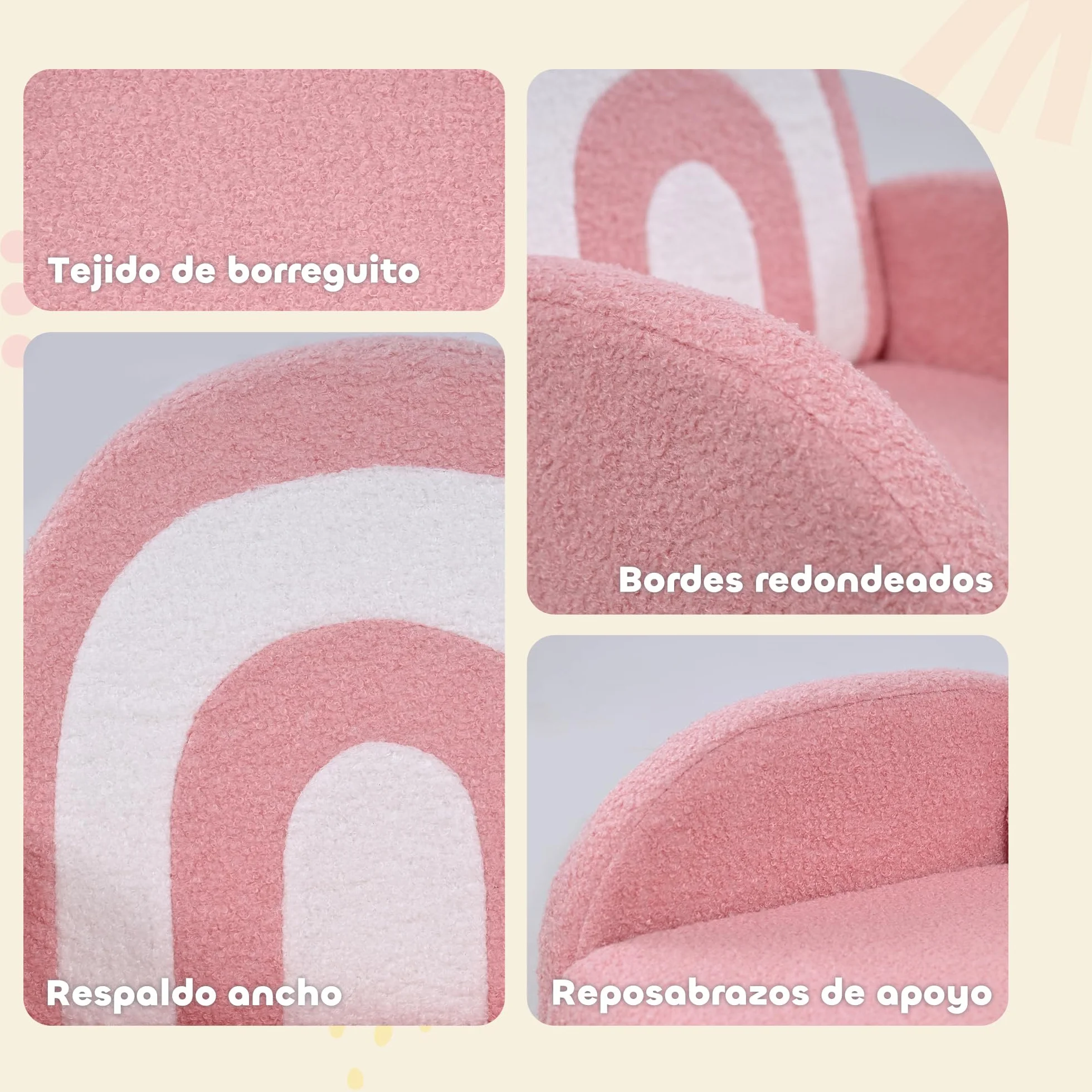 AIYAPLAY Sillón Infantil con Respaldo en Forma de Arcoíris Sofá para Niños de 18-96 Meses Tejido Suave de Borreguito Reposabrazos Carga 45 kg Rosa
