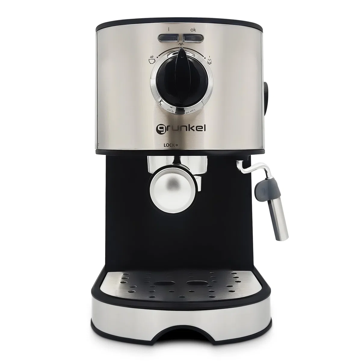Grunkel - Cafetera Espresso de 15 bares presión - CAFPRESO H15 - y Vaporizador orientable y Filtro Doble Salida en acero inoxidable. Bandeja antigoteo y protección Sobrecalentamiento. 1L 850W