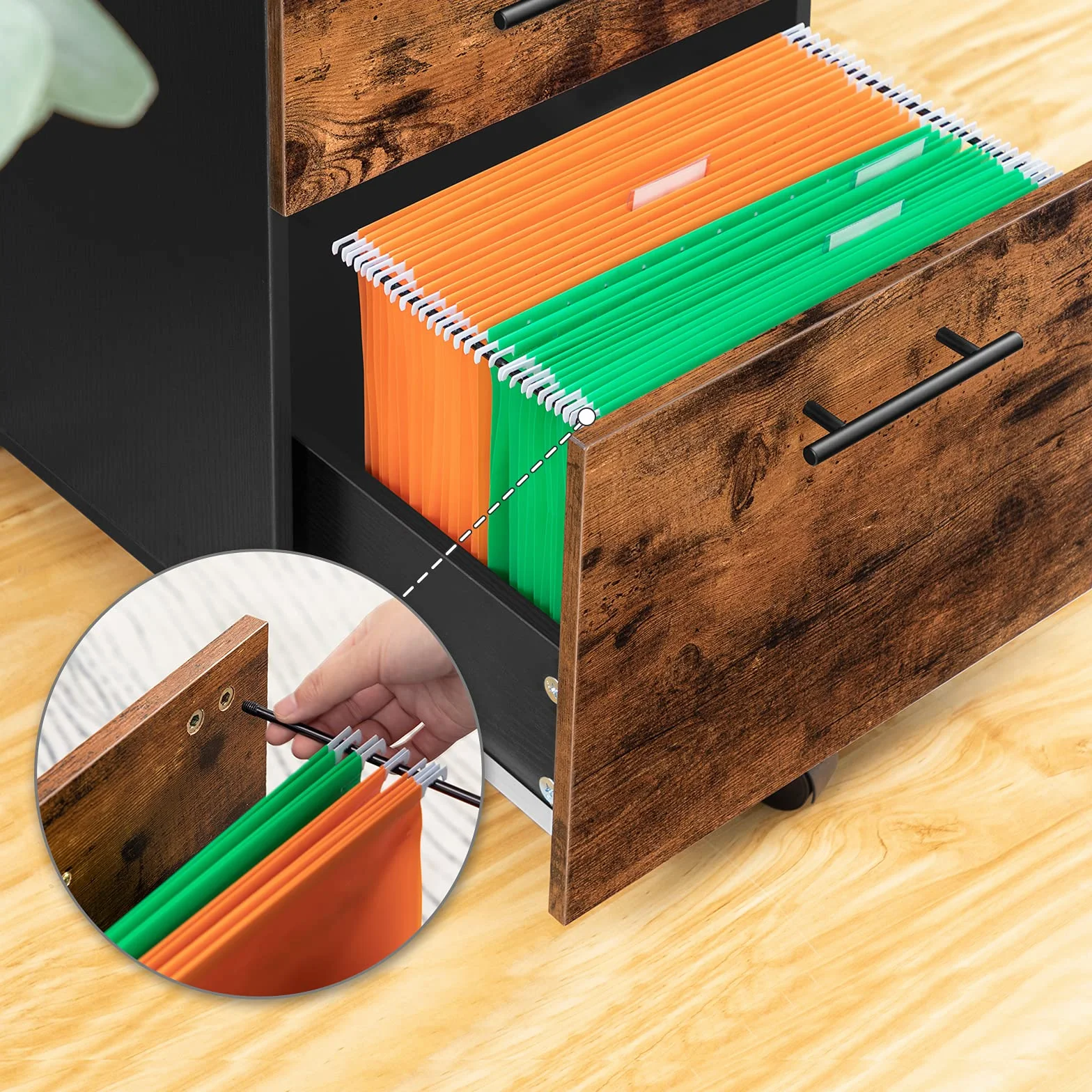 HOOBRO Mueble Archivador, Armario Móvil para Oficina con 3 Cajones y Archivador Colgante, 40 x 40 x 57,5 cm, Diseño Industrial, Marrón Rústico EBF02WJ01G1