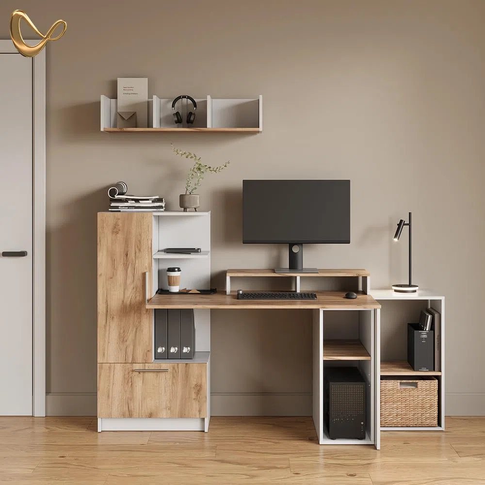 Livinity Armario para PC Lorena, Roble Blanco/Dorado, 28.5 x 72 cm con 2 Compartimentos