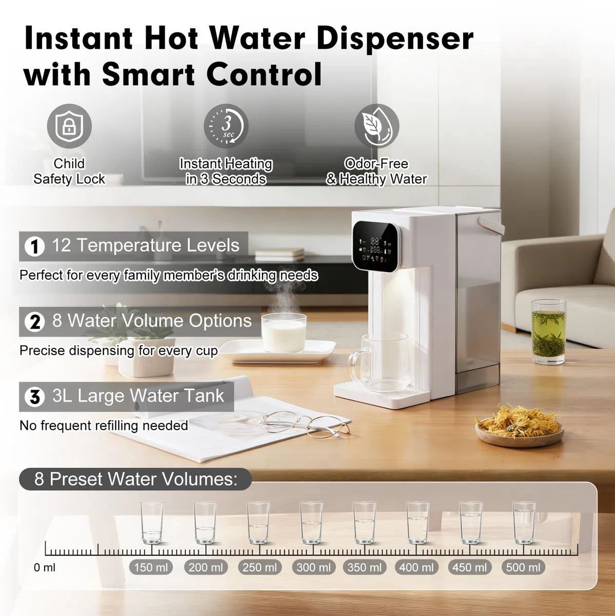 Dispensador de agua caliente, multifuncional de 3 L, 12 niveles de temperatura, 8 cantidades de agua, pantalla táctil digital, bloqueo para niños, depósito de agua extraíble, cartuchos de filtro y