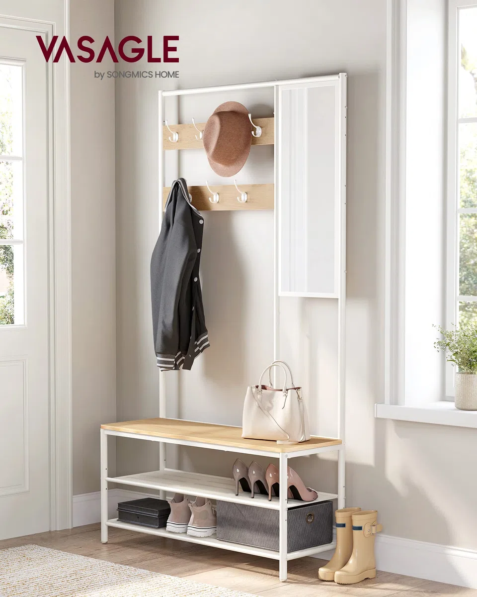 VASAGLE Perchero Zapatero, Perchero Recibidor con Ganchos, Espejo, Banco Zapatero y Estantes, 35 x 98 x 180 cm, Pasillo Dormitorio Salón, Moderno, Roble y Blanco Nube HSR415W09