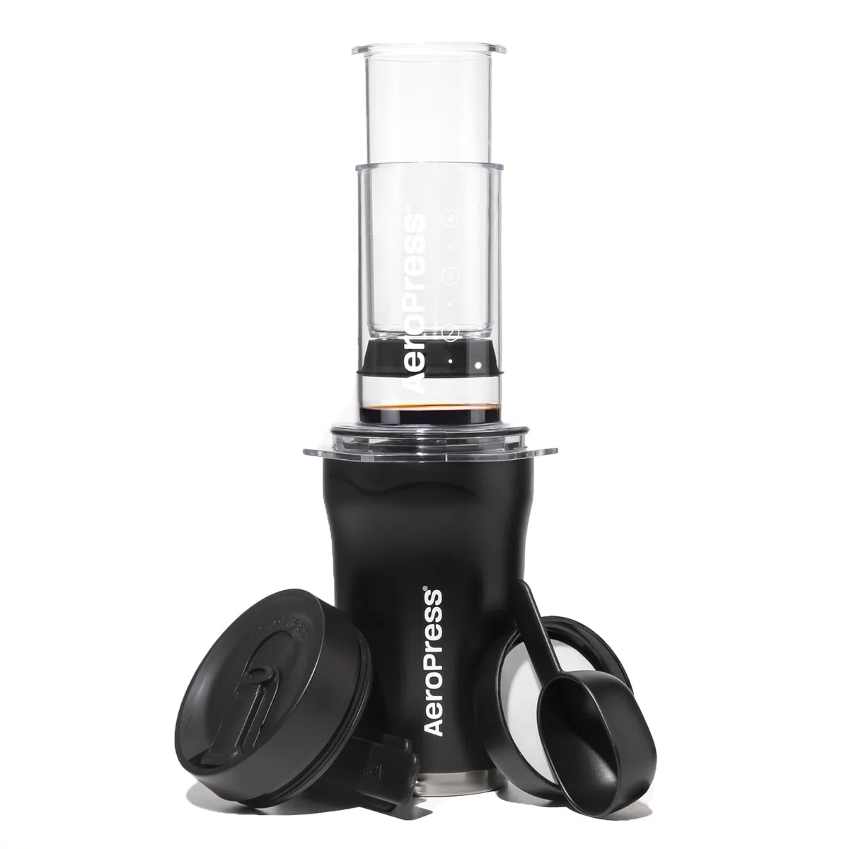 AeroPress Go Plus cafetera portátil pequeña, ideal para viajes, camping y oficina, prensa francesa todo en uno, cafetera manual estilo espresso y pour-over, preparación en 2 min, Negro