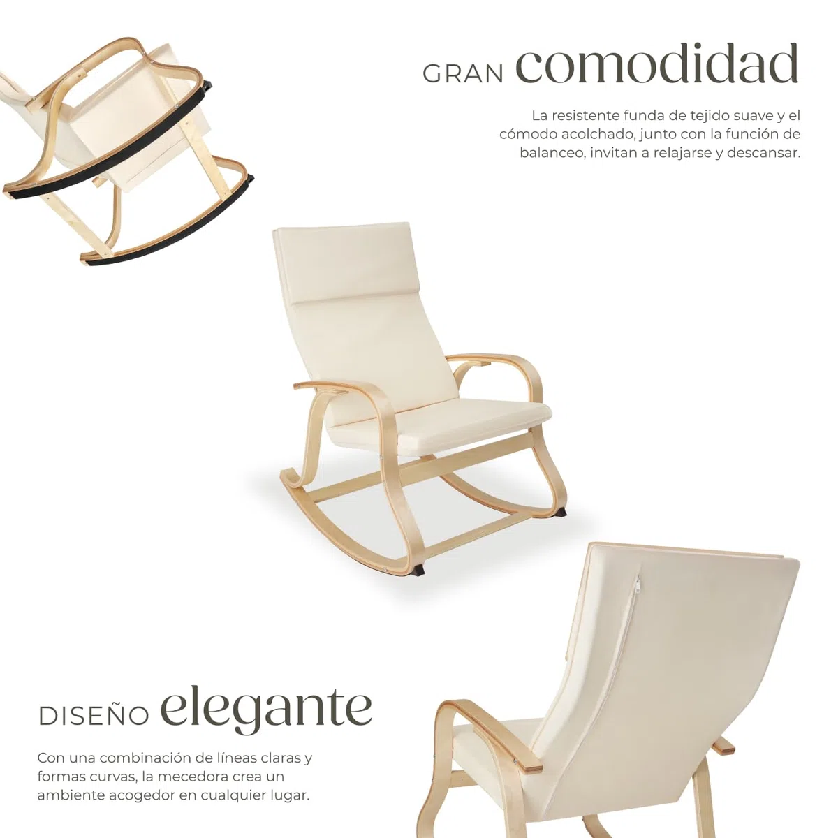 tectake 801034 - Mecedora Roca de Madera de Abedul 150kg, Silla Mecedora, Oscilante, Sillón Ergonómico para Balanceo (Beige)