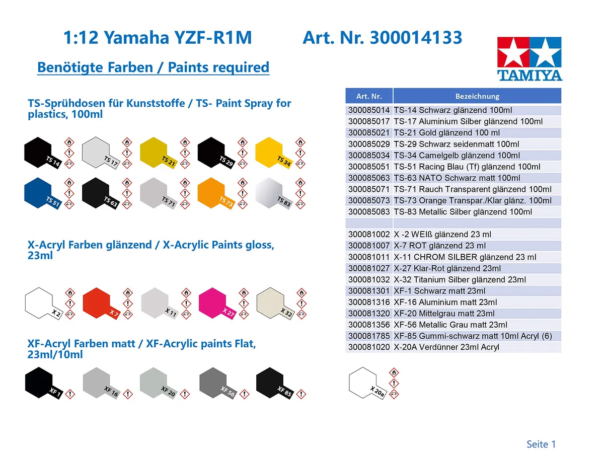 TAMIYA 14133-1:12 Yamaha YZF-R1M, Kit de construcción de Modelos de plástico, Pasatiempos, Manualidades, Pegado, Montaje, sin Pintar
