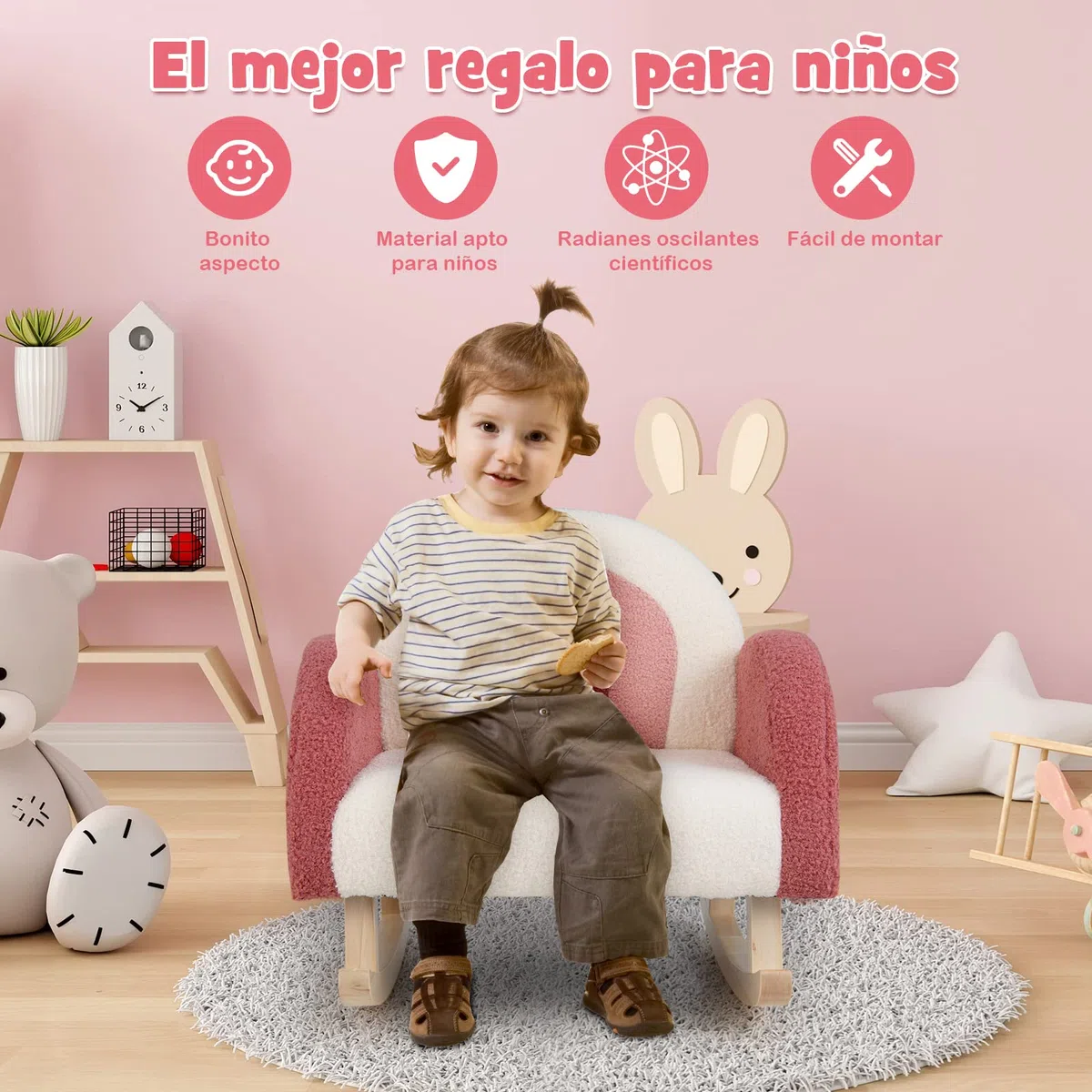 COSTWAY Silla Mecedora Infantil, Sillón Moderno con Patas de Madera de Álamo para Niños de 3 a 5 Años, Antivuelco, Bonito Sofá Individual Tapizado para Guardería, Sala de Juegos (Rojo)