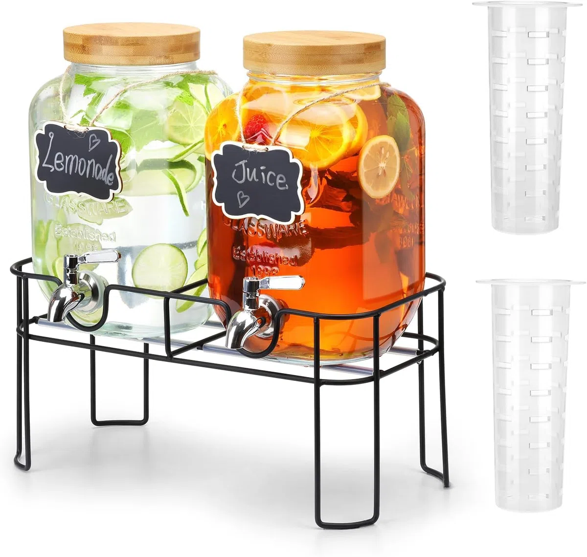 2 dispensadores de bebidas de 4 litros con soporte, dispensador de bebidas de cristal con grifo de acero inoxidable sólido para té helado, agua, bebidas caseras, fiestas, bodas