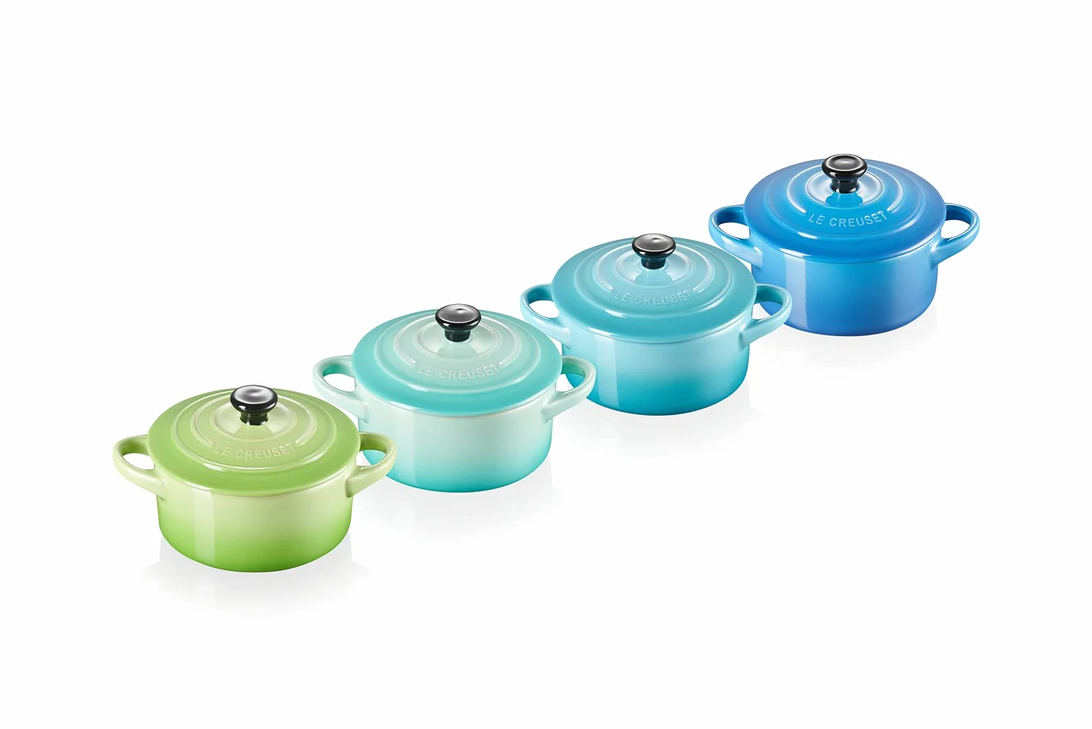 LE CREUSET Set de 4 mini cocottes de cerámica de gres, 250 ml, ⌀ 10 cm, Verde y azul, 79212105139100