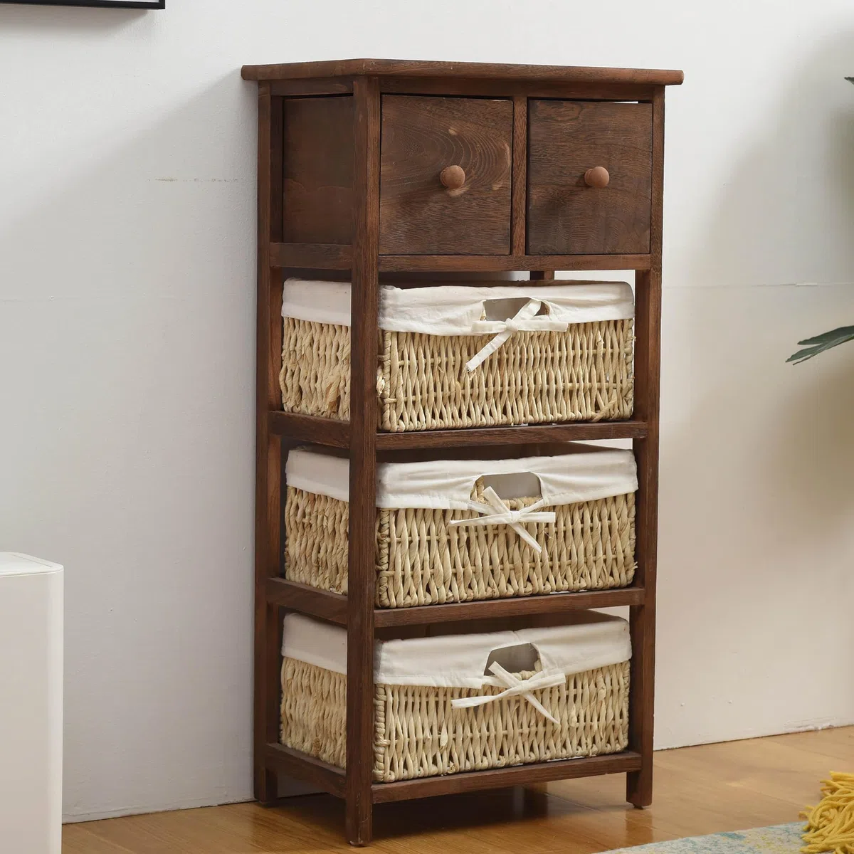 Rebecca Mobili Armario Rústico, Mueble Baño con 2 Cajones, 3 Cestas, Madera Mimbre, Marrón, Estilo Country, Entrada baño- Medidas: 80 x 40 x 27 cm (AxANxF) - Art. RE4059
