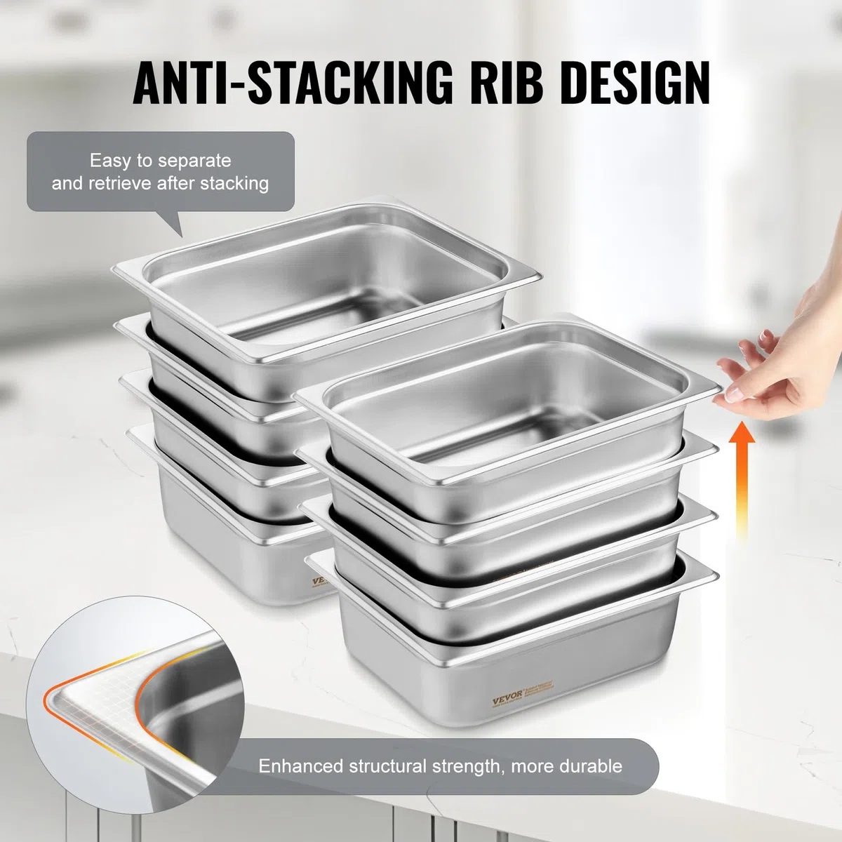 VEVOR Paquete de 8 sartenes de Hotel, sartén de Vapor antiatasco de tamaño 1/2 con Tapa, sartén de Mesa de Vapor de Acero Inoxidable de 0,8 mm de Espesor, sartén de Mesa Comercial.
