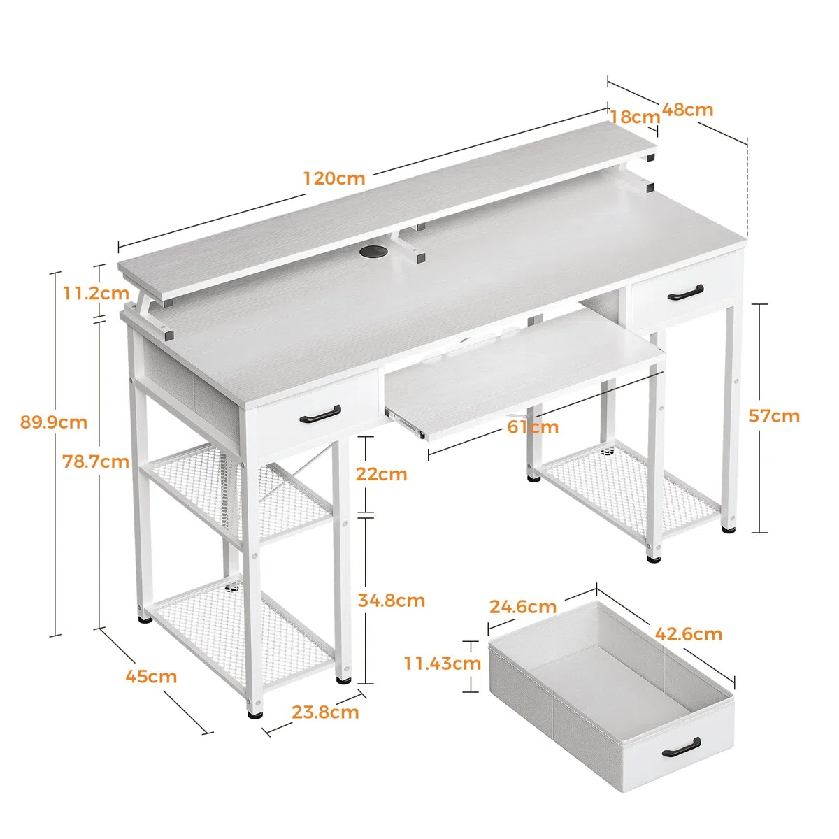 ODK Escritorio de Ordenador, 120x48cm Escritorio con 2 Cajones y Bandeja para Teclado, Escritorio de Oficina con Soporte para Monitor, Mesa de Escritorio con Estante Reversible para Oficina, Blanco