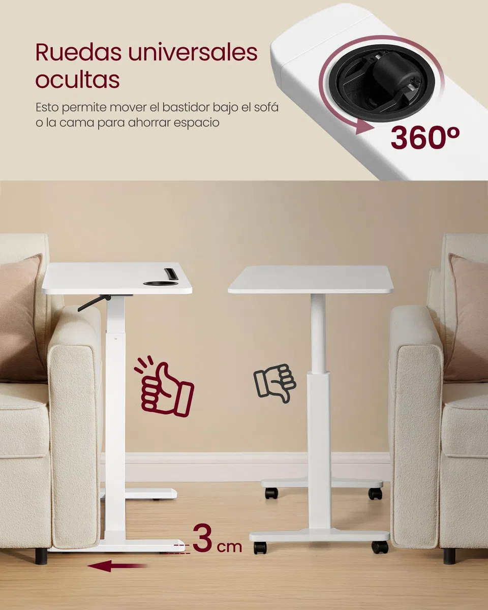 VASAGLE Escritorio con Ruedas, Mesa Auxiliar, Tablero de 80 x 45 cm, Altura Ajustable, 2 Portavasos, Ranura para Teléfono Móvil o Tableta, Blanco Nube LSD601W01