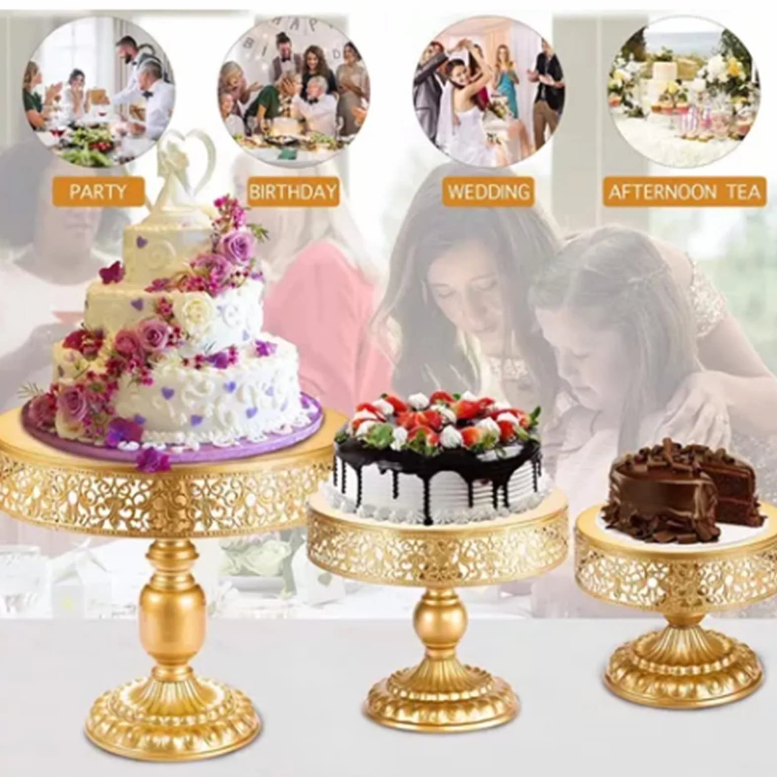 Soporte para Tartas Dorado, Juego de 3 Soportes para Tartas de Metal, Soportes para Postres, Soportes para Magdalenas, Soporte Redondo para Magdalenas para Tartas de Navidad,