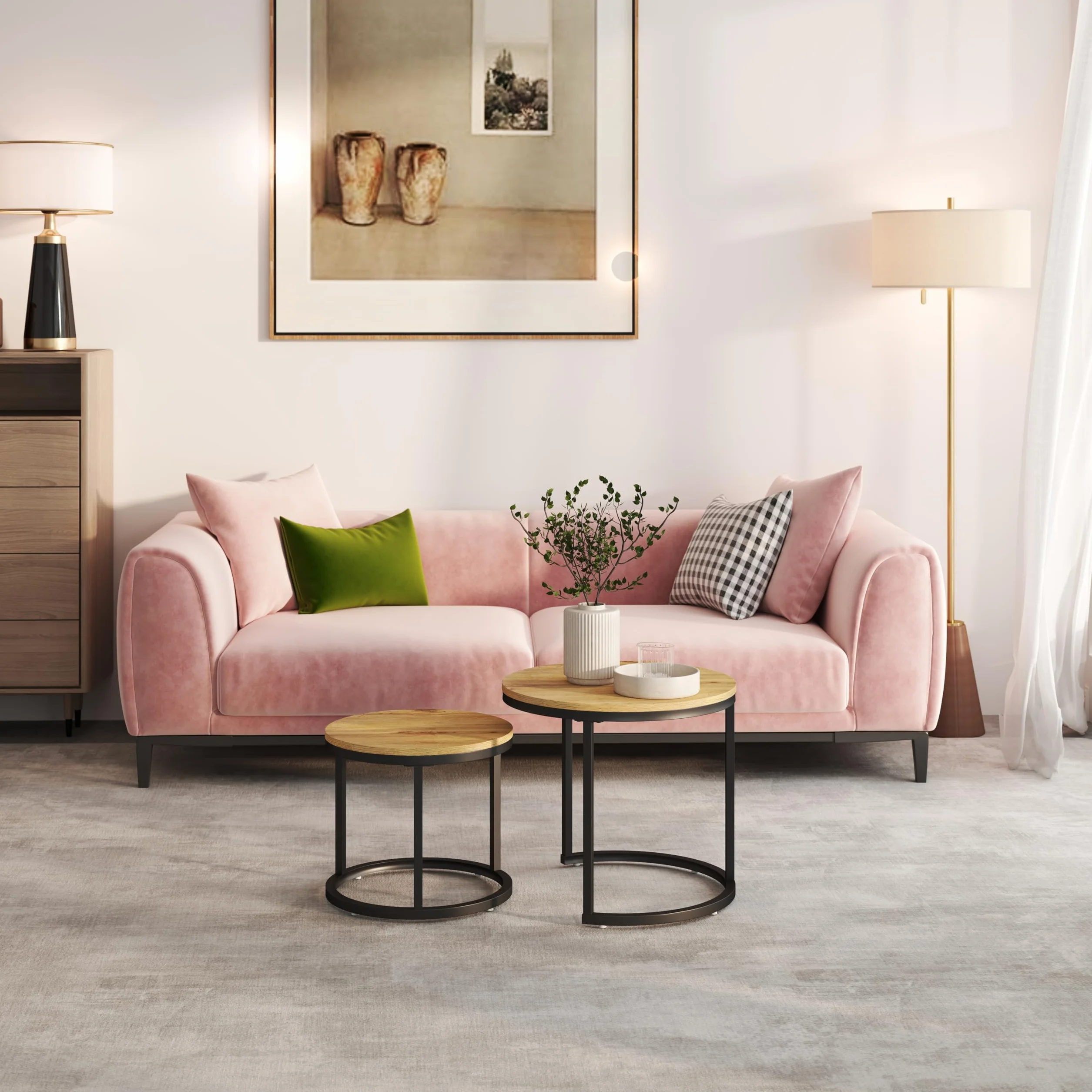 Juego de 2 Piezas para Mesa Auxiliar Sofa, Mesa Centro Madera con Marcos Negros, Mesa de Centro Redonda con Efectos de Grano de Madera, Mesas de Centro Pequeñas Modernas