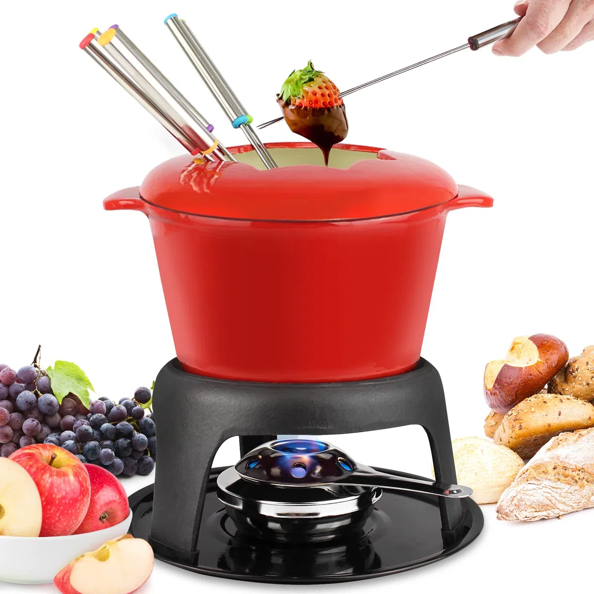 Todeco - Juego de Fondue de Hierro Fundido, Maquina para Hacer Fondue - Material: Hierro fundido - Tamaño: 27,5 x 21 x 21 cm - Rojo