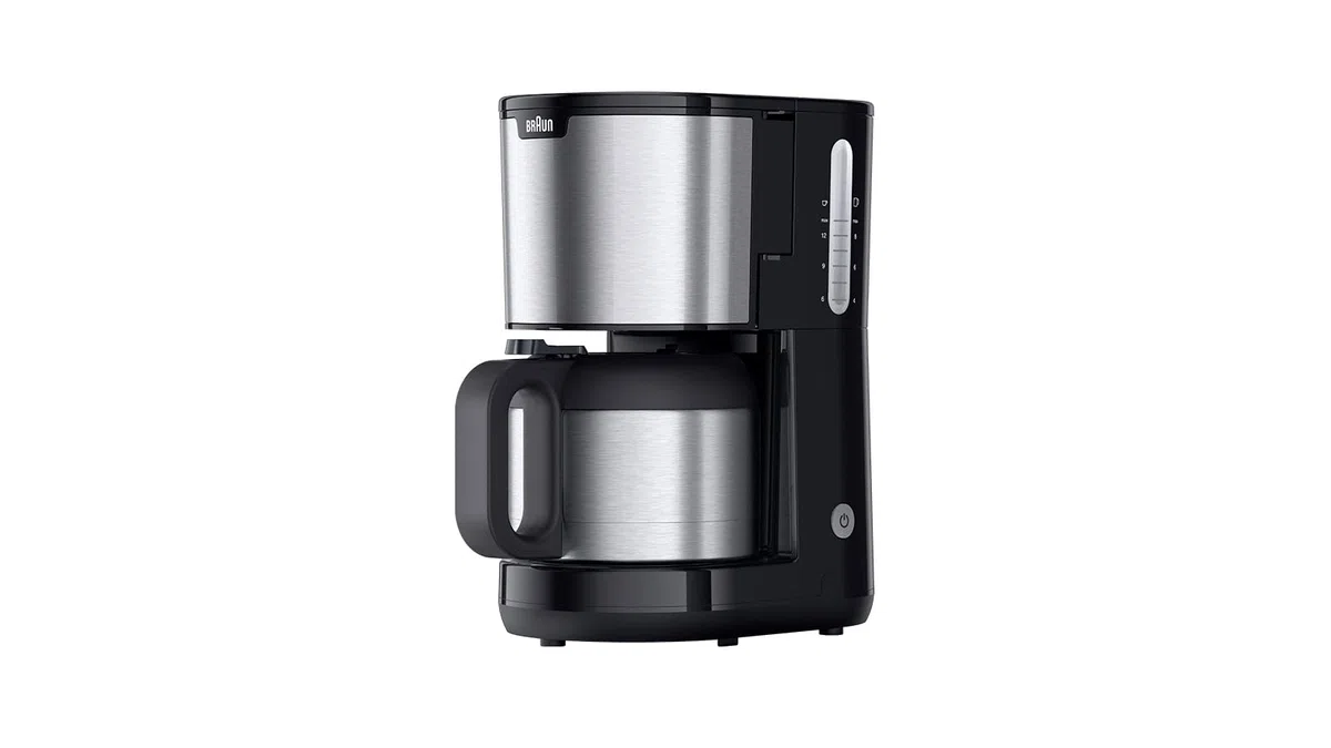 Braun PurShine KF1505 BK Cafetera de filtro, jarra térmica de acero inoxidable de 1,2 l para hasta 9 tazas, sistema OptiBrew, función antigoteo, cesta de filtro giratoria, apagado automático, 1000 W,