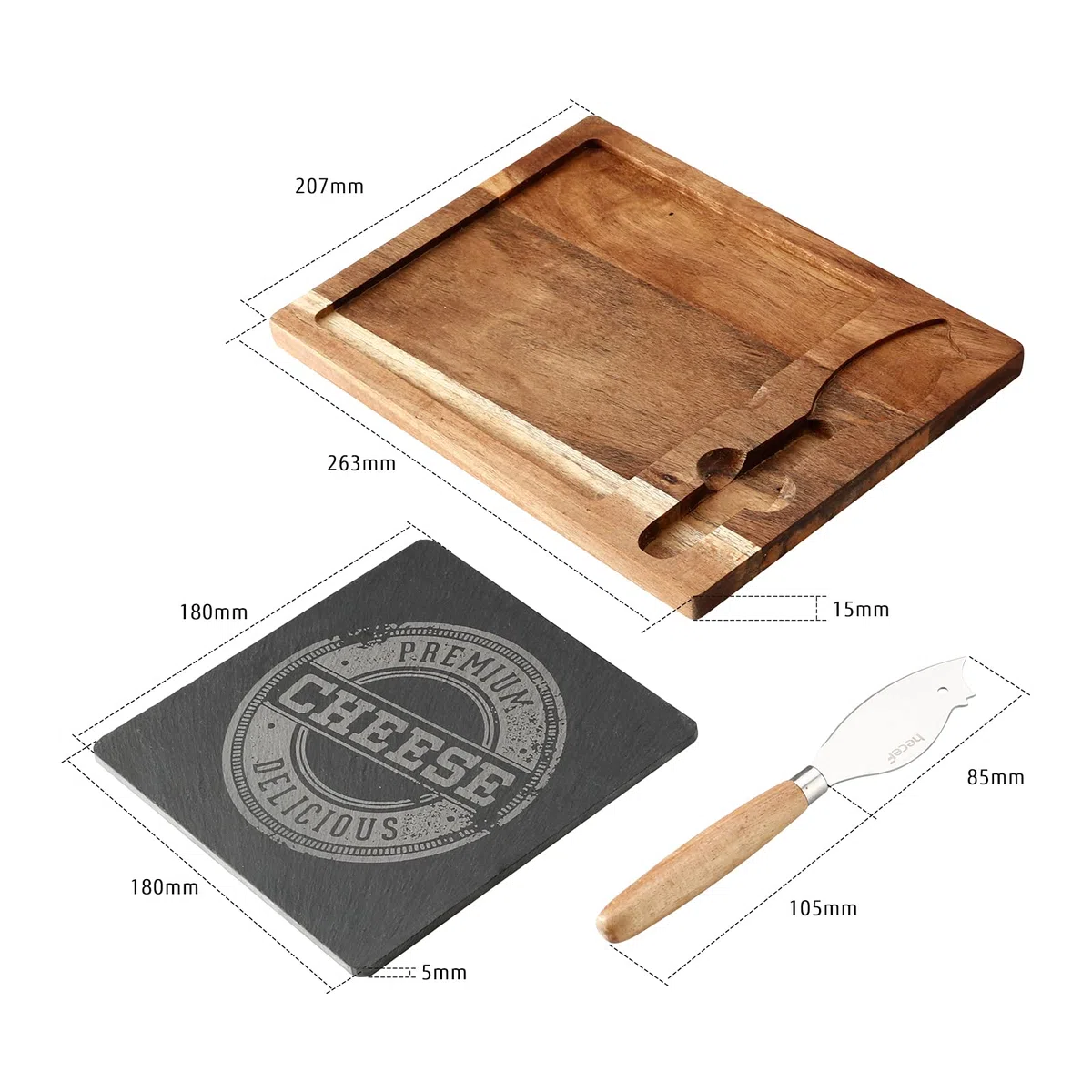 hecef Juego de Tabla de Queso de Madera Acacia con Tabla Negra y Cuchillo para Queso, Placa de Madera y Bandeja para Servir Queso, Galletas y Carne