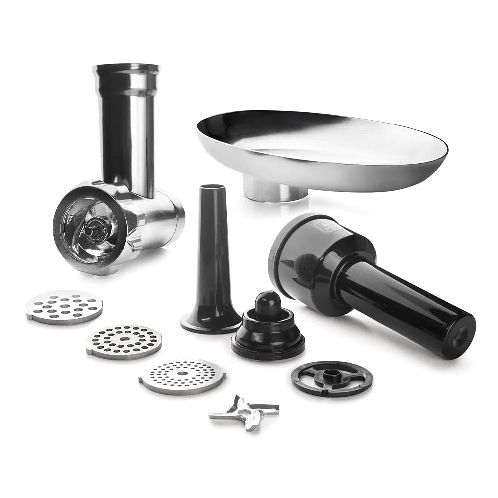 Lacor - 69685 - Set Accesorios Batidora, Complementos para Picar Carne o Hacer Salchicas, Embutidora y Kibbe, 4 Cuchicas para Picar, Acero Inoxidable, Negro