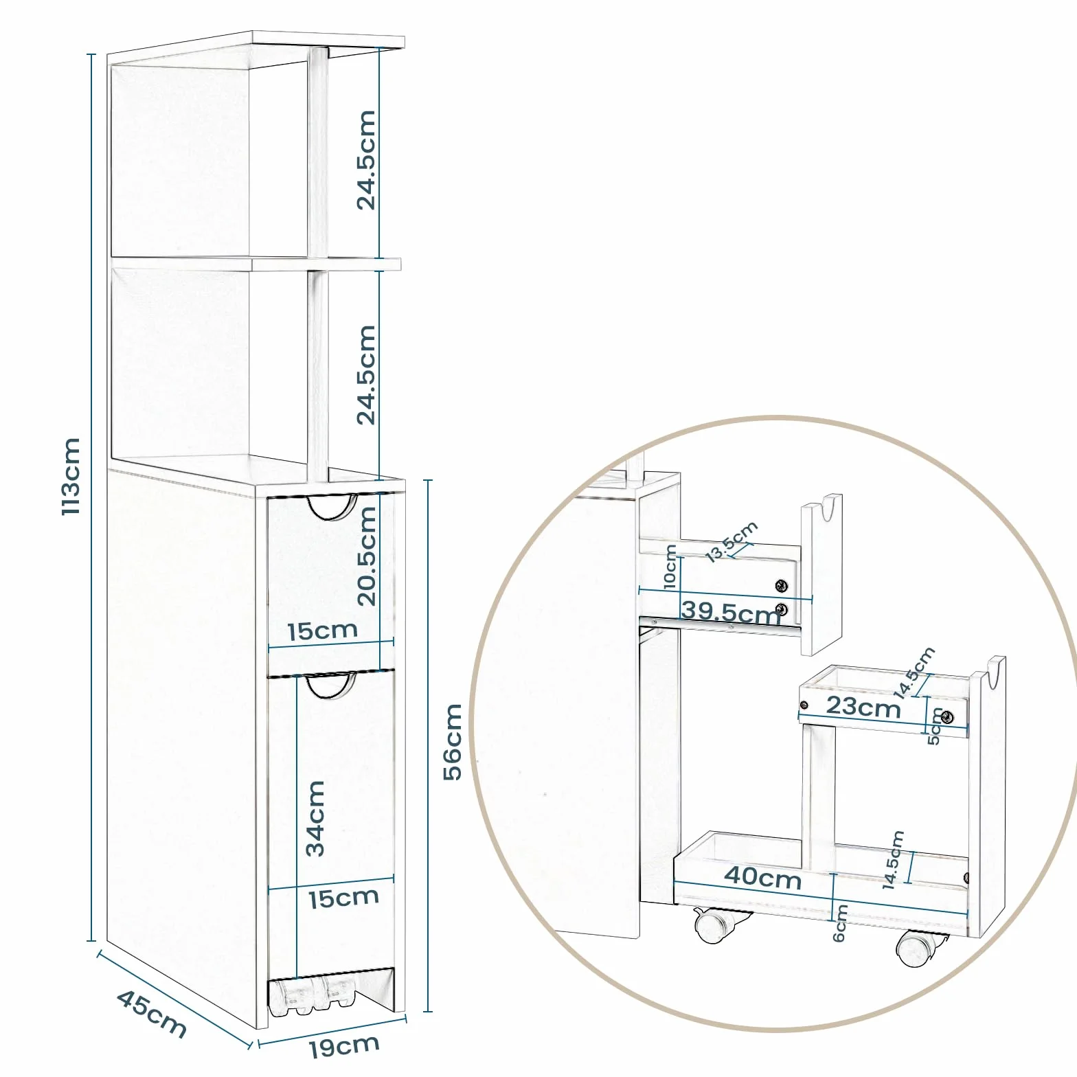 EUGAD Mueble Auxiliar Baño, Armario Baño Estrecho, Columna con 2 Cajones y 2 Estantes, 19 x 45 x 113 cm, Armario Alto para Cocina, Salón, Dormitorio, Blanco 0207WY
