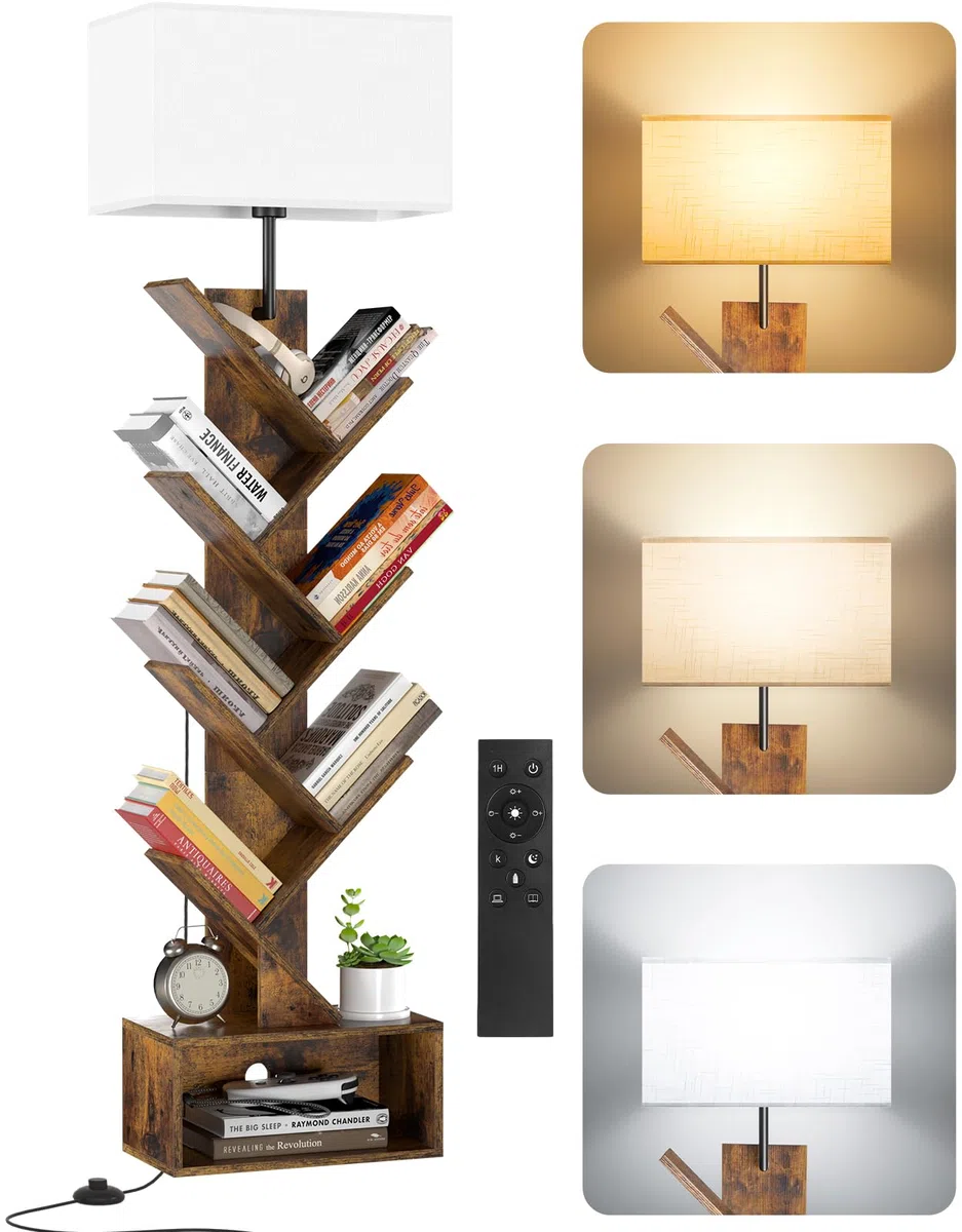 Pequeña Librería en Forma de Árbol con Luz, Estantería de 6 Niveles con Mando a Distancia y Temporizador, Estante Esquinero para Libros, CD, para Salón, Dormitorio, Oficina(Rustic Brown)