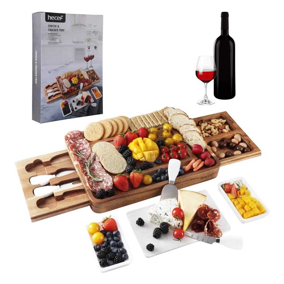 hecef Juego de Tablas de Queso de Madera de Acacia, Plato de Queso con 2 cajones deslizables, Juego de Cubiertos, Platos de Aperitivos y Pizarra de Queso de mármol, Tabla de Embutidos para Servir