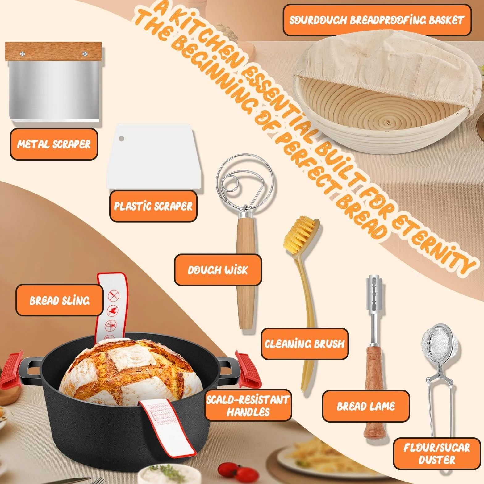Olla de hierro fundido para hornear pan, cazuela hierro fundido Banneton pan de masa fermentada cesta de prueba de pan de pan de masa fermentada de hornear Suministros, 2 en 1 olla cast iron 4.7L