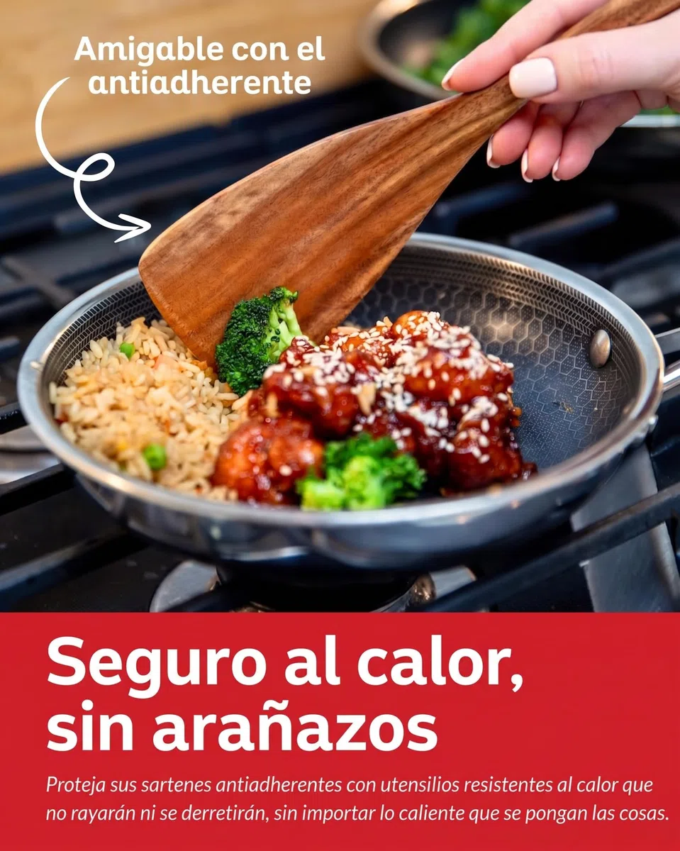 Boxiki Kitchen - 6 Cucharas de Madera para Cocinar - Set Duradero con Acabado Suave de Madera de Teca - Set de Cucharas y Espátula para Sartén Antiadherente para Uso Diario