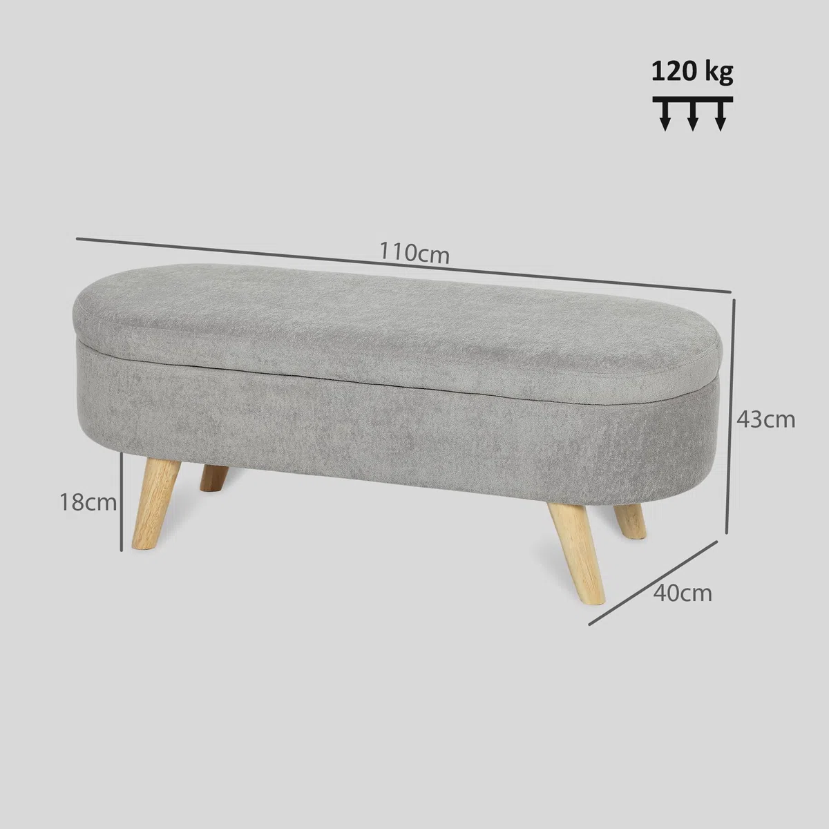 HOMCOM Banco Pie de Cama, Puff Almacenaje Tapizado en Terciopelo de Teddy con Patas de Madera y Asiento Acolchado, Banco de Almacenaje Ovalado para Dormitorio, Entrada, Pasillo, Gris Claro