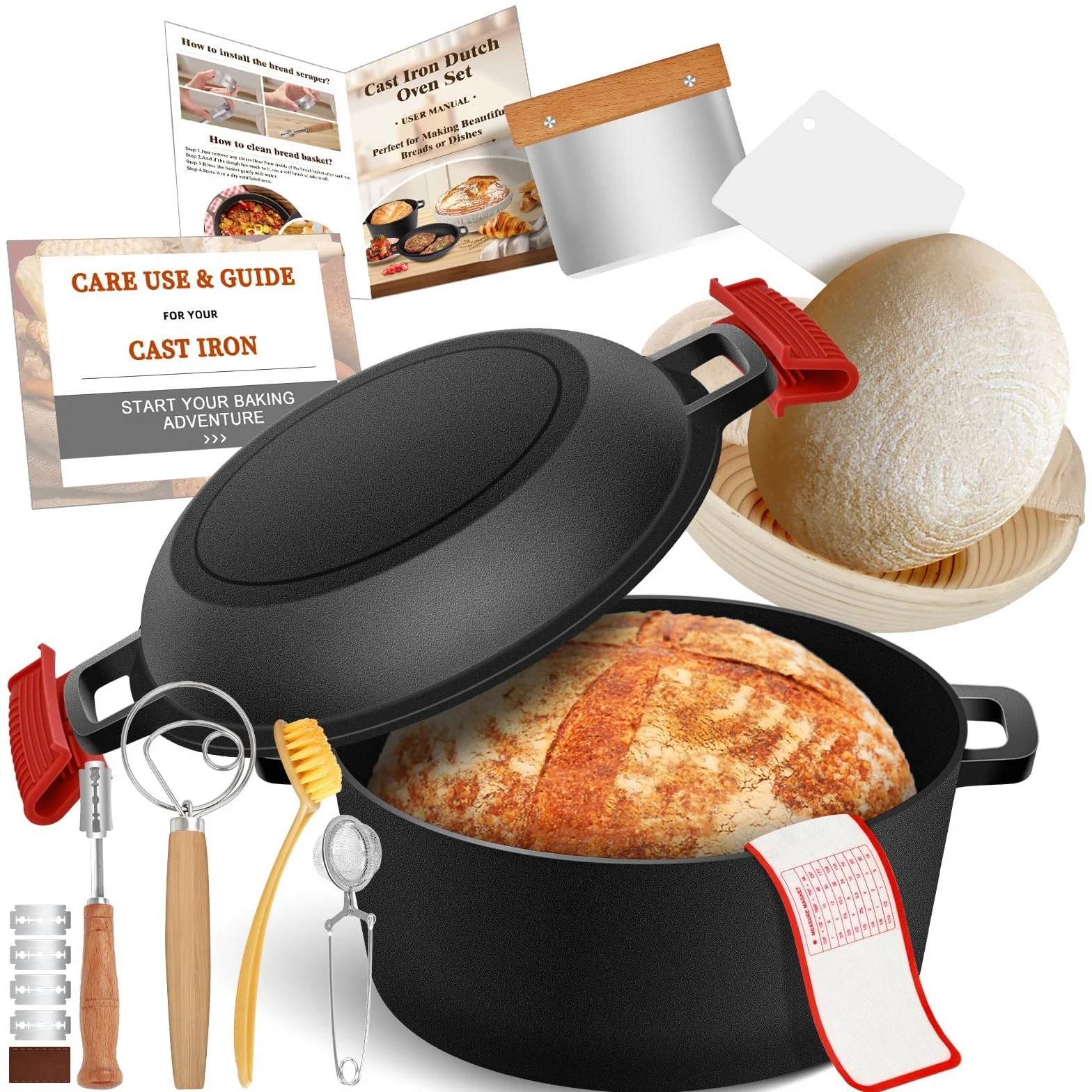 Olla de hierro fundido para hornear pan, cazuela hierro fundido Banneton pan de masa fermentada cesta de prueba de pan de pan de masa fermentada de hornear Suministros, 2 en 1 olla cast iron 4.7L